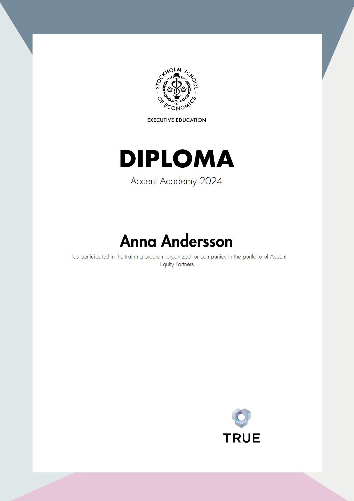 Example certificate for Accent Academy 2024 from SSE - Handelshögskolan Executive Education