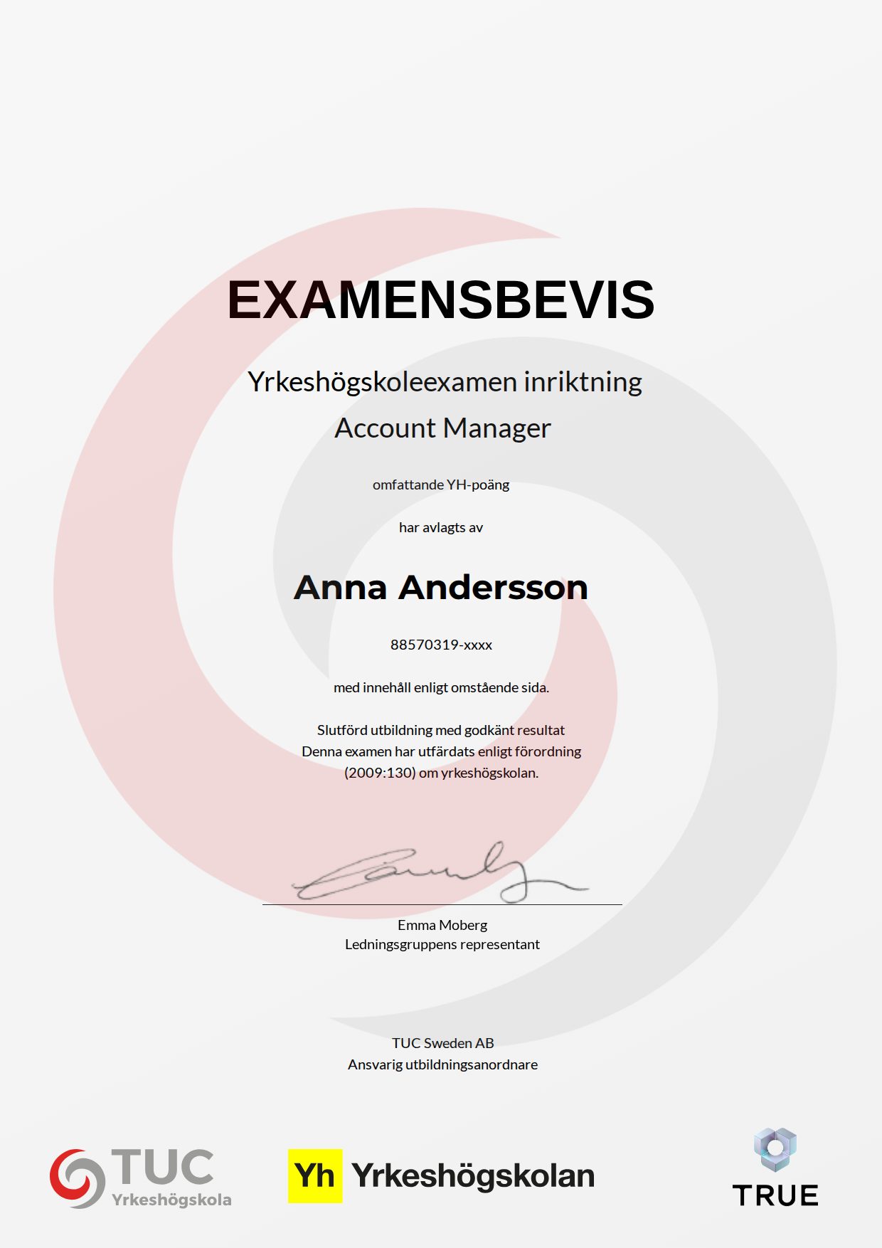Example certificate for Account Manager from TUC Yrkeshögskola