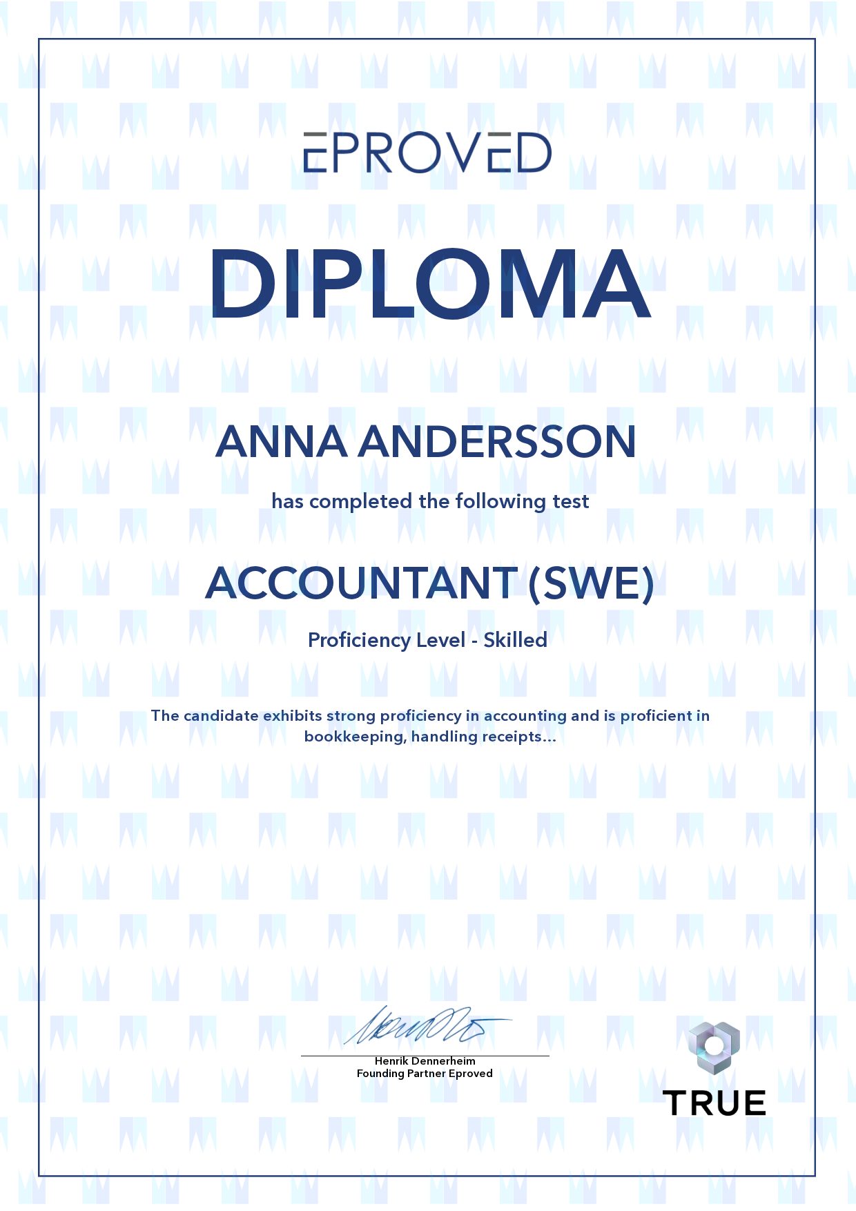 Example certificate for Accountant (SWE) from Eproved