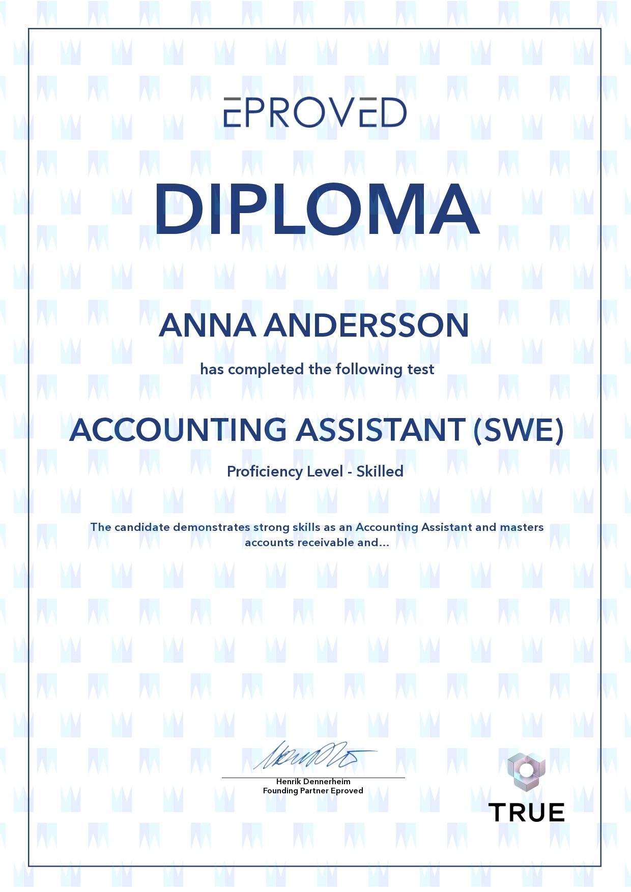 Exempel: diplom för Accounting Assistant (SWE) från Eproved
