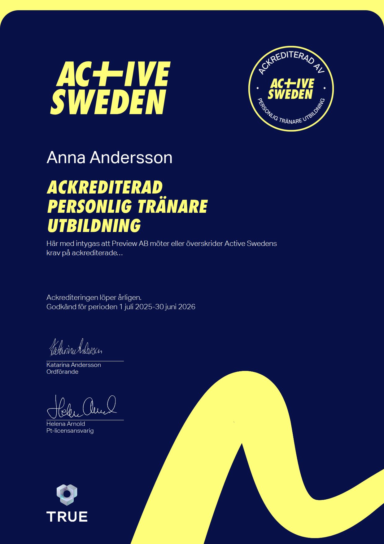 Exempel: diplom för Ackrediterad Personlig tränare utbildning från Active Sweden -Friskvårdsföretagen