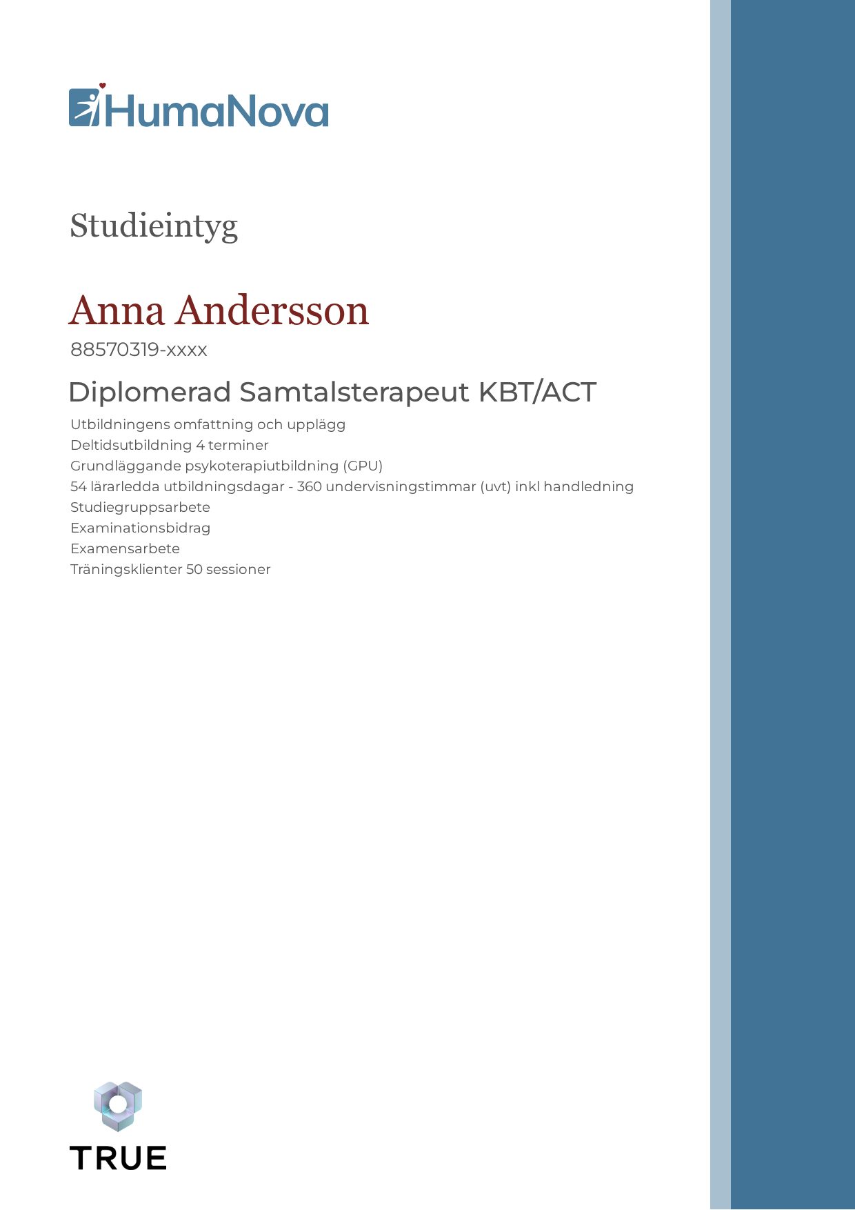 Example certificate for Diplomerad Samtalsterapeut KBT/ACT from Humanova Utbildning