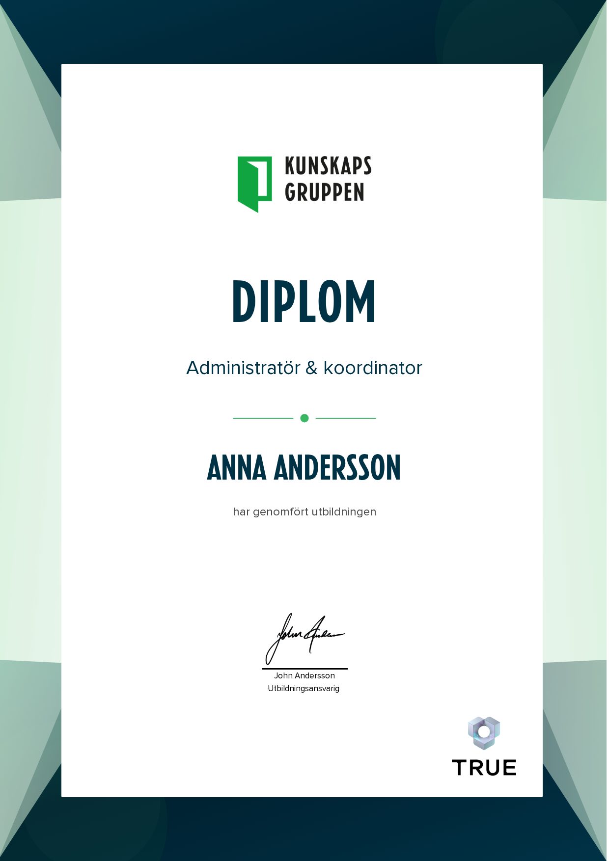 Exempel: diplom för Administratör & koordinator från Kunskapsgruppen