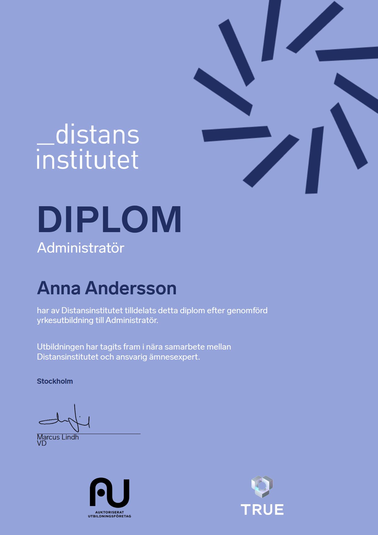 Example certificate for Administratör from Distansinstitutet Sverige AB