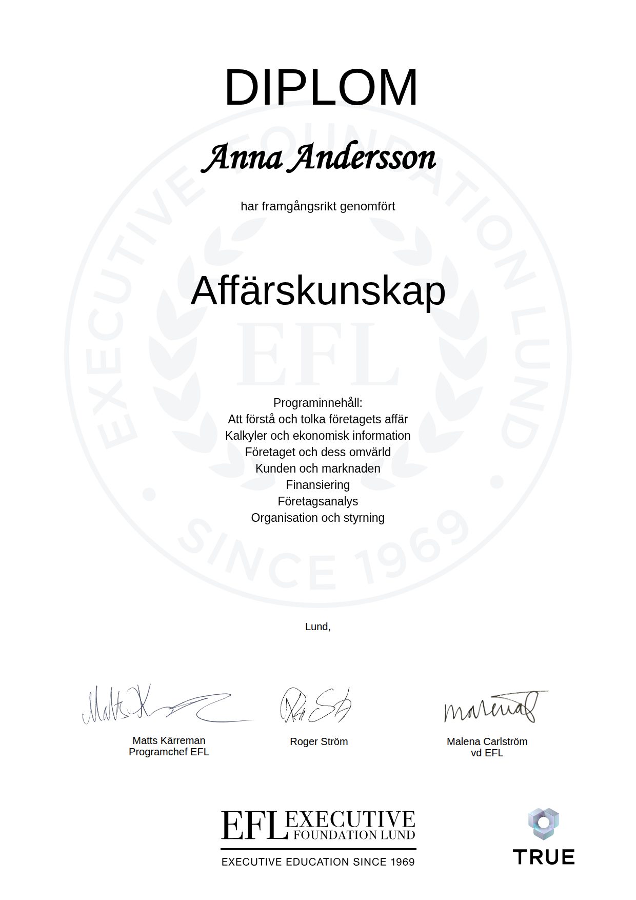 Exempel: diplom för Affärskunskap från EFL Executive Education