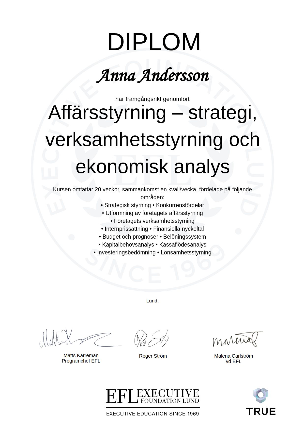 Exempel: diplom för Affärsstyrning – strategi, verksamhetsstyrning och ekonomisk analys från EFL Executive Education