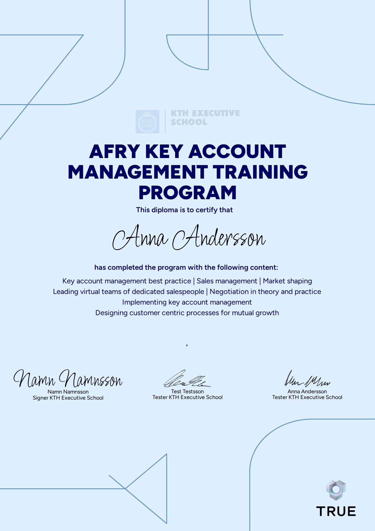 Exempel: diplom för AFRY Key Account Management Training Program från KTH Executive School
