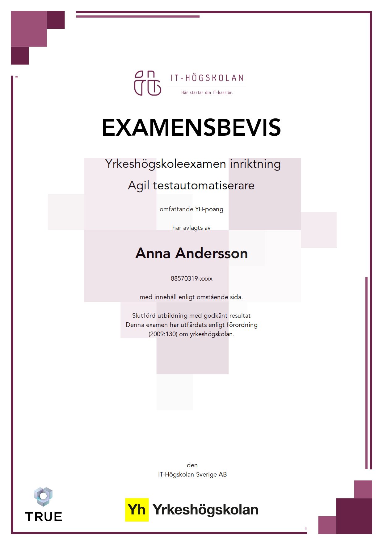 Example certificate for Agil testautomatiserare from IT-Högskolan