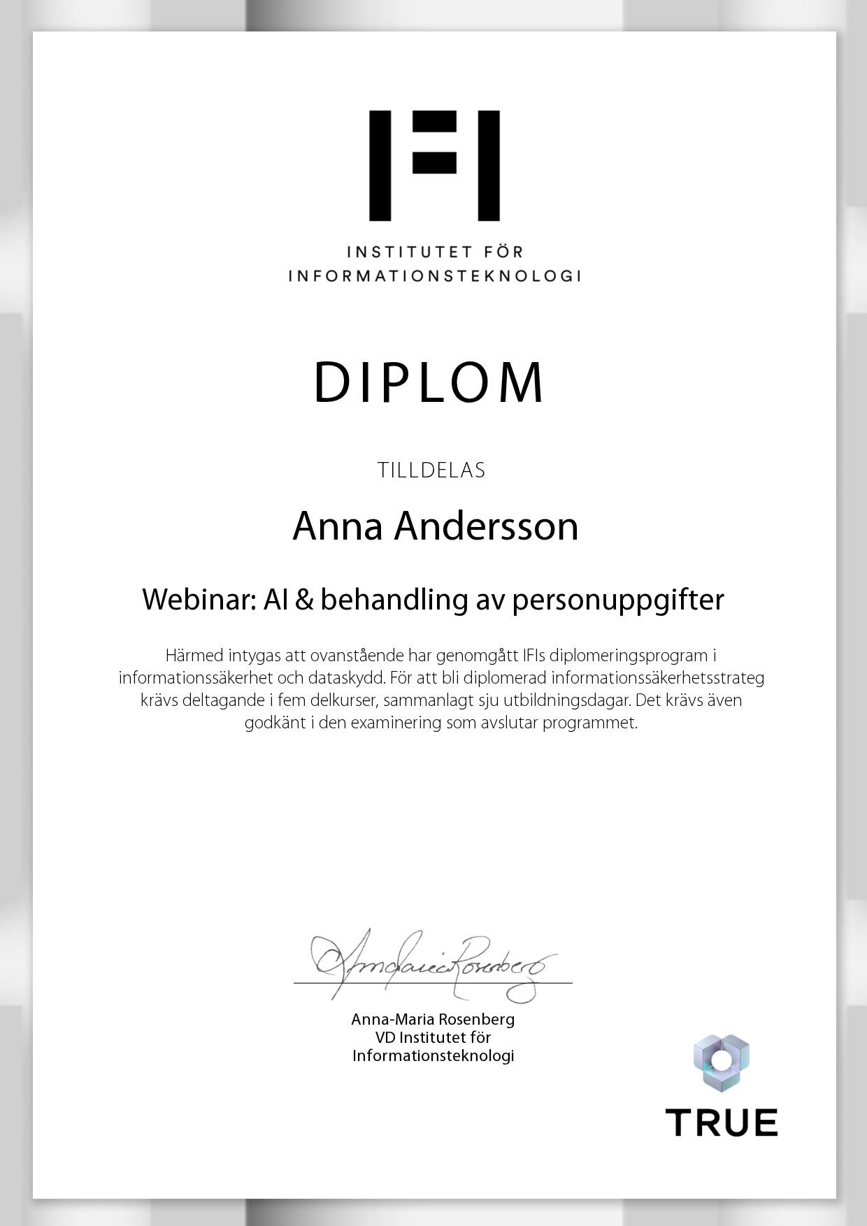 Example certificate for Webinar: AI & behandling av personuppgifter from IFI AB