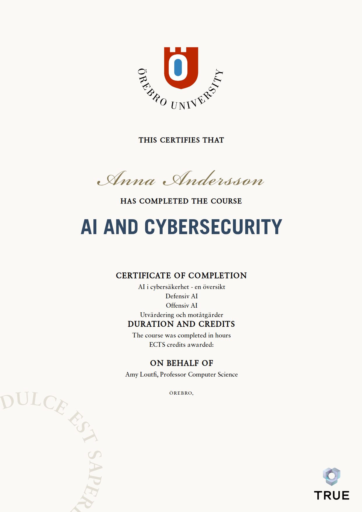 Exempel: diplom för AI and Cybersecurity från Örebro universitet