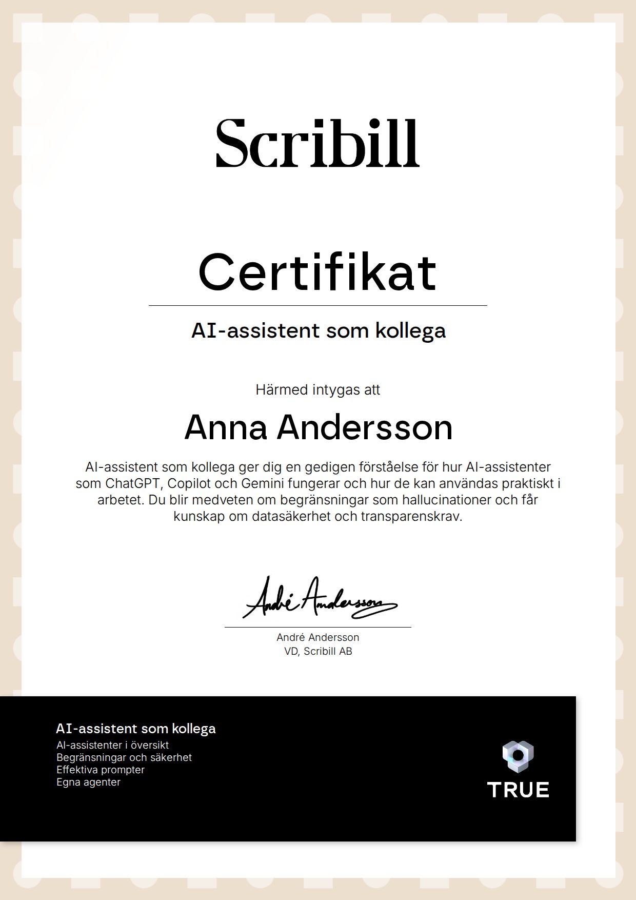 Exempel: diplom för AI-assistent som kollega från Scribill AB i Malmö