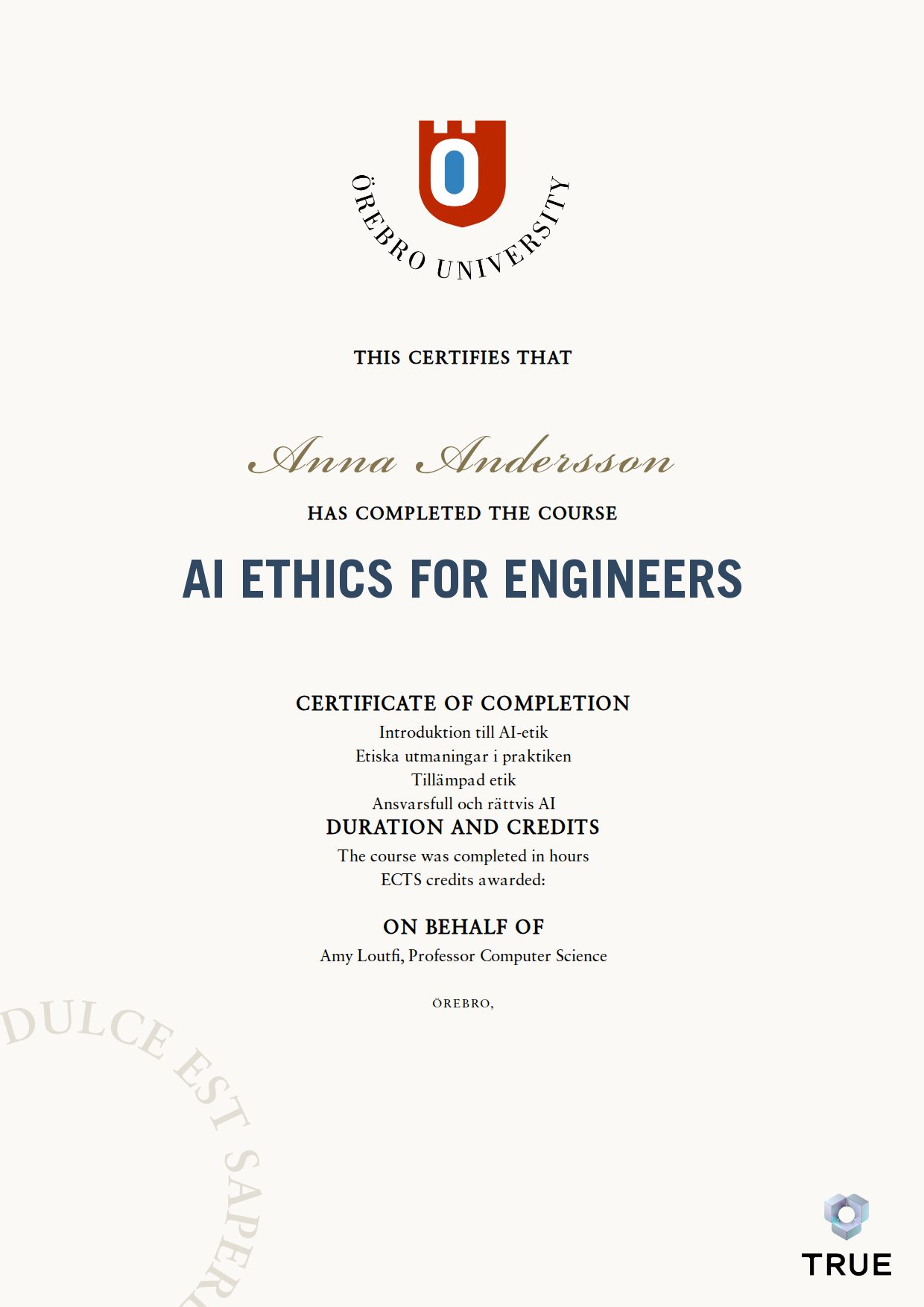 Exempel: diplom för AI Ethics for Engineers från Örebro universitet
