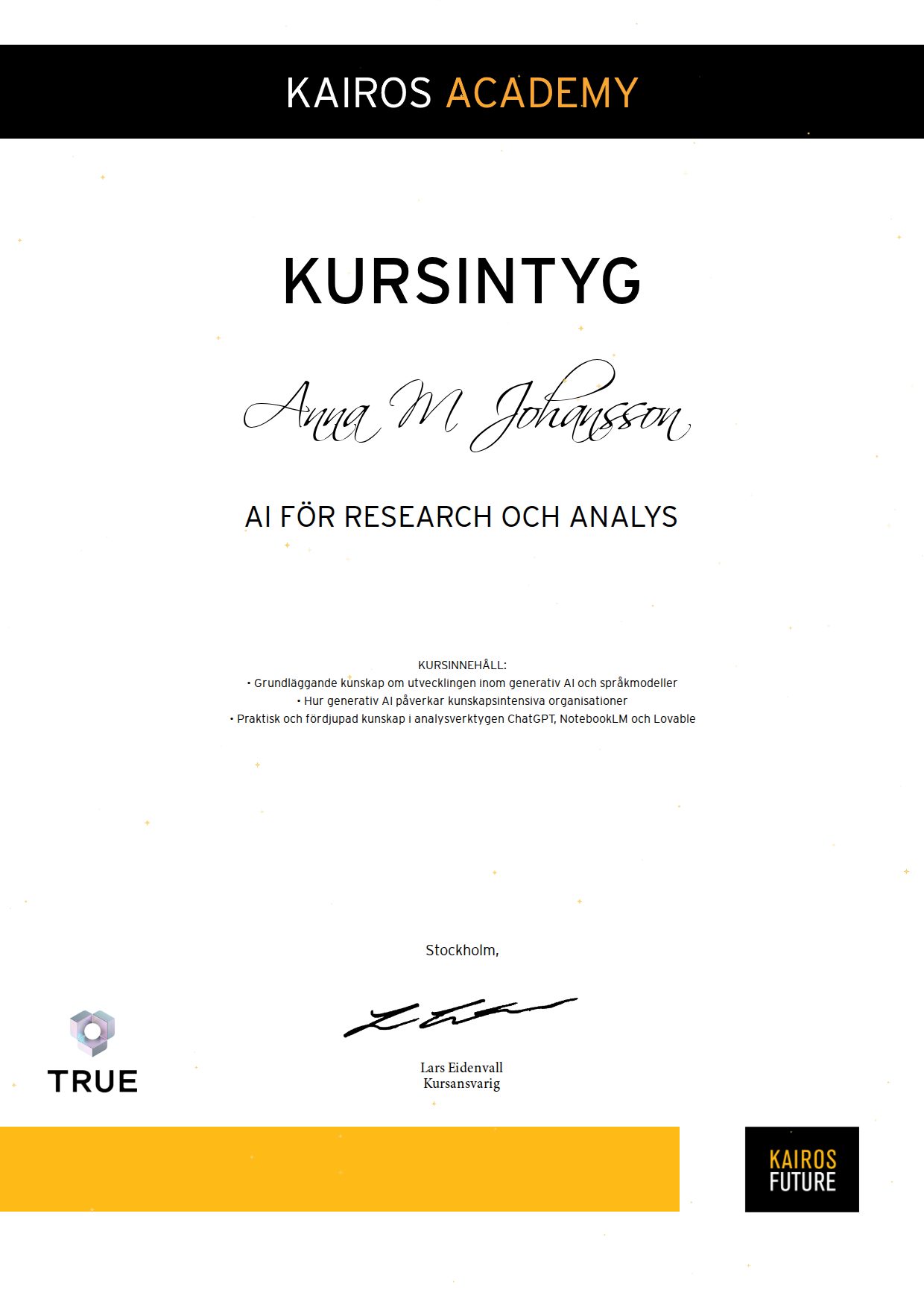 Exempel: diplom för AI för research och analys från Kairos Future