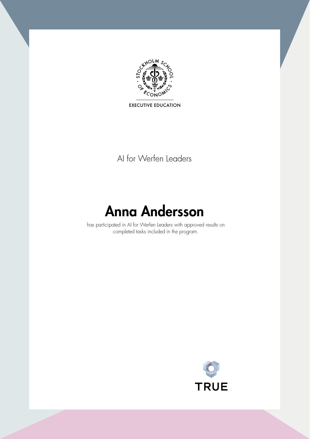 Exempel: diplom för AI for Werfen Leaders från SSE - Handelshögskolan Executive Education