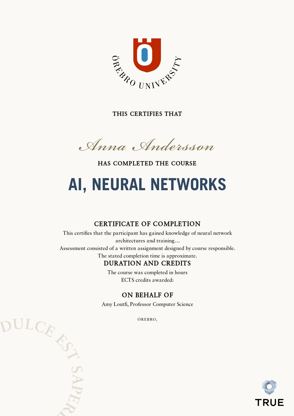 Example certificate for AI, Neural Networks from Örebro universitet