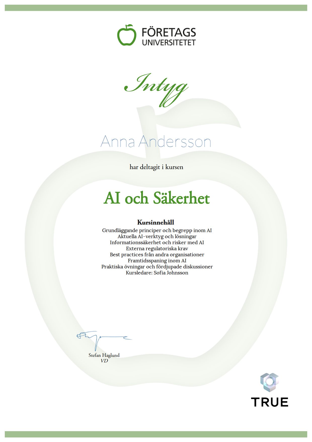 Exempel: diplom för AI och Säkerhet från Företagsuniversitetet