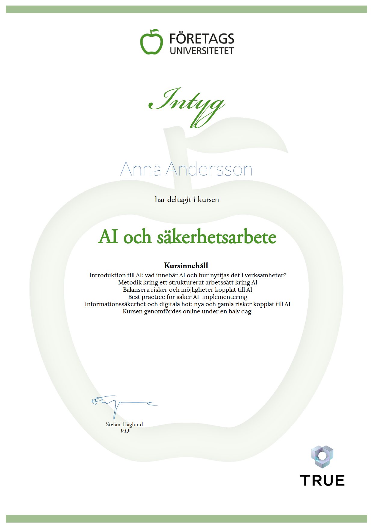 Exempel: diplom för AI och säkerhetsarbete från Företagsuniversitetet
