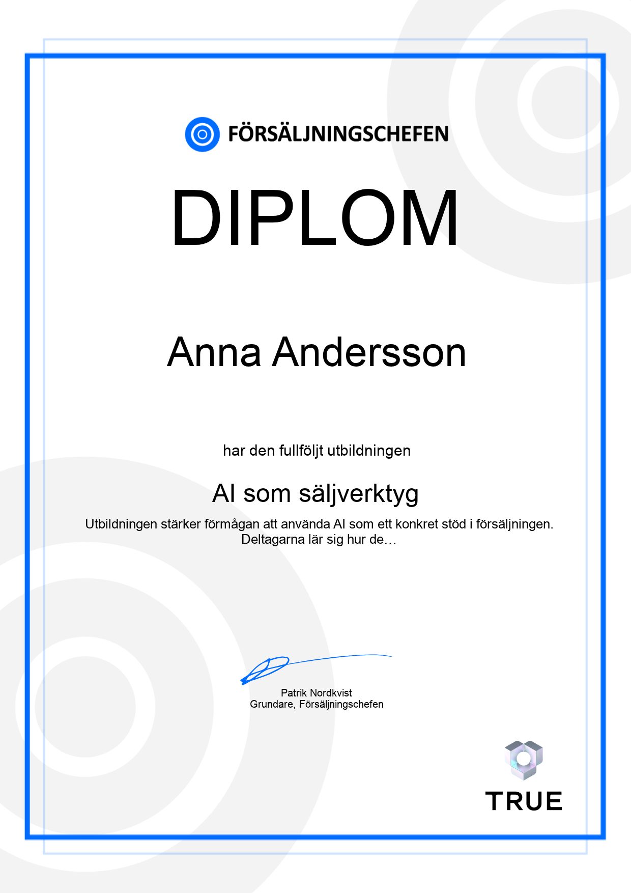 Exempel: diplom för AI som säljverktyg från Försäljningschefen