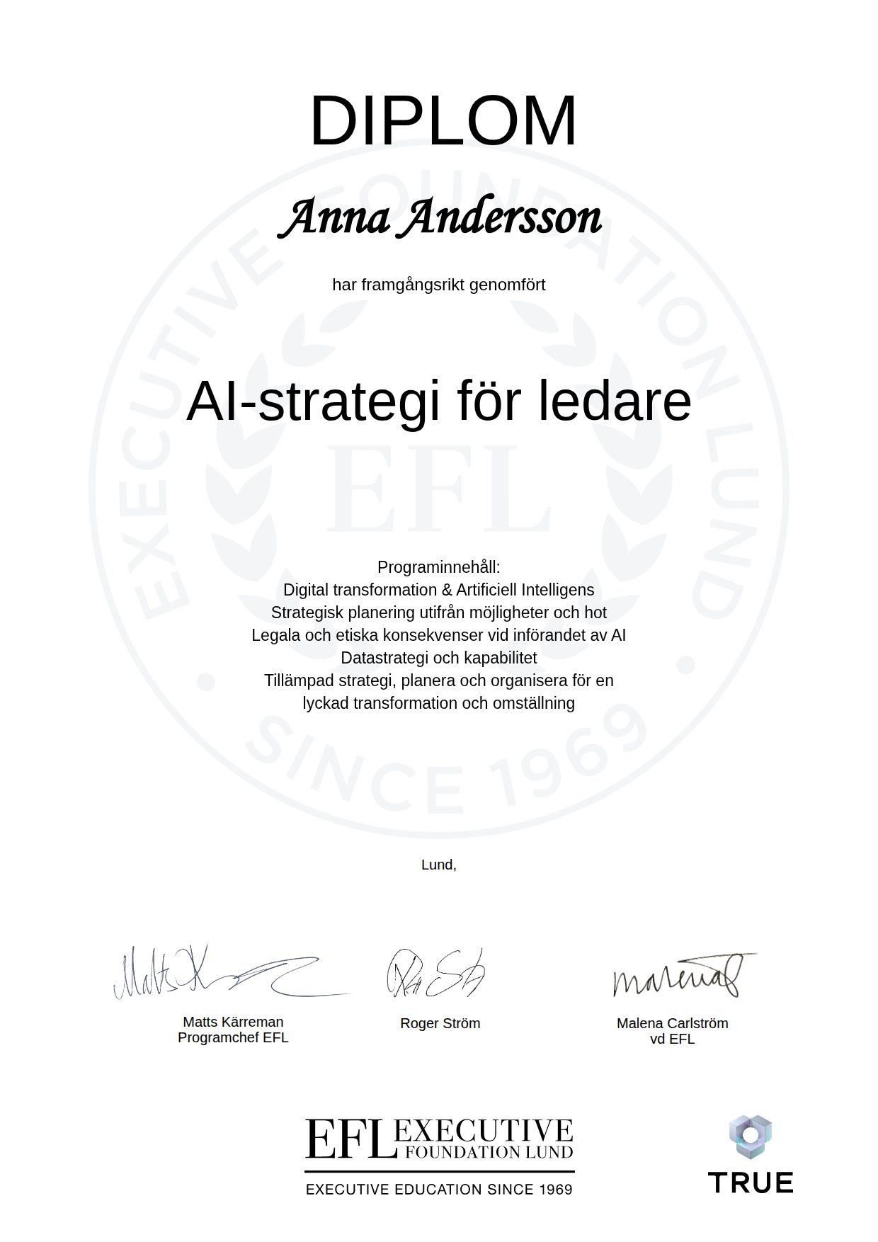 Exempel: diplom för AI-strategi för ledare från EFL Executive Education