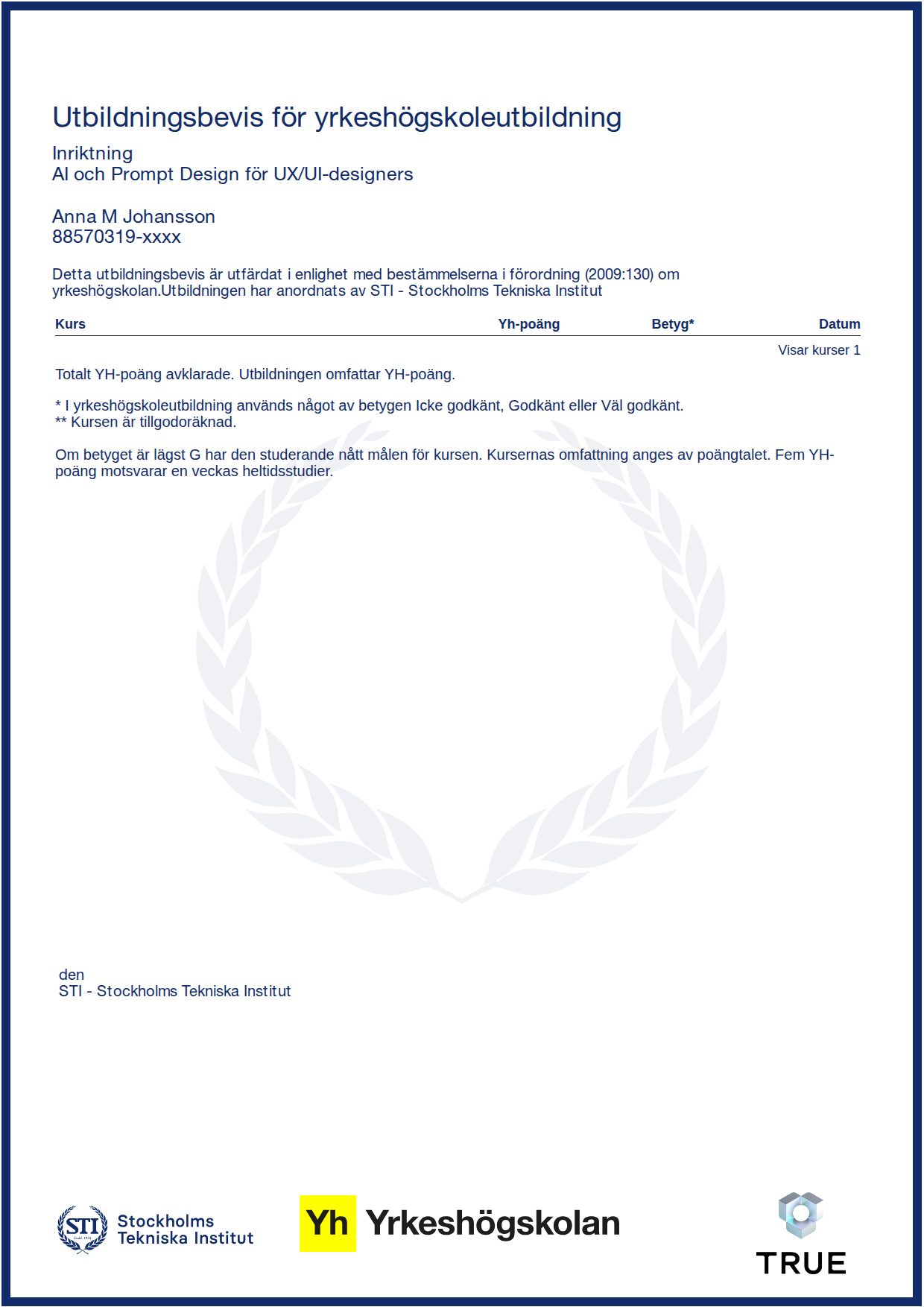 Example certificate for AI och Prompt Design för UX/UI-designers from STI - Stockholms Tekniska Institut