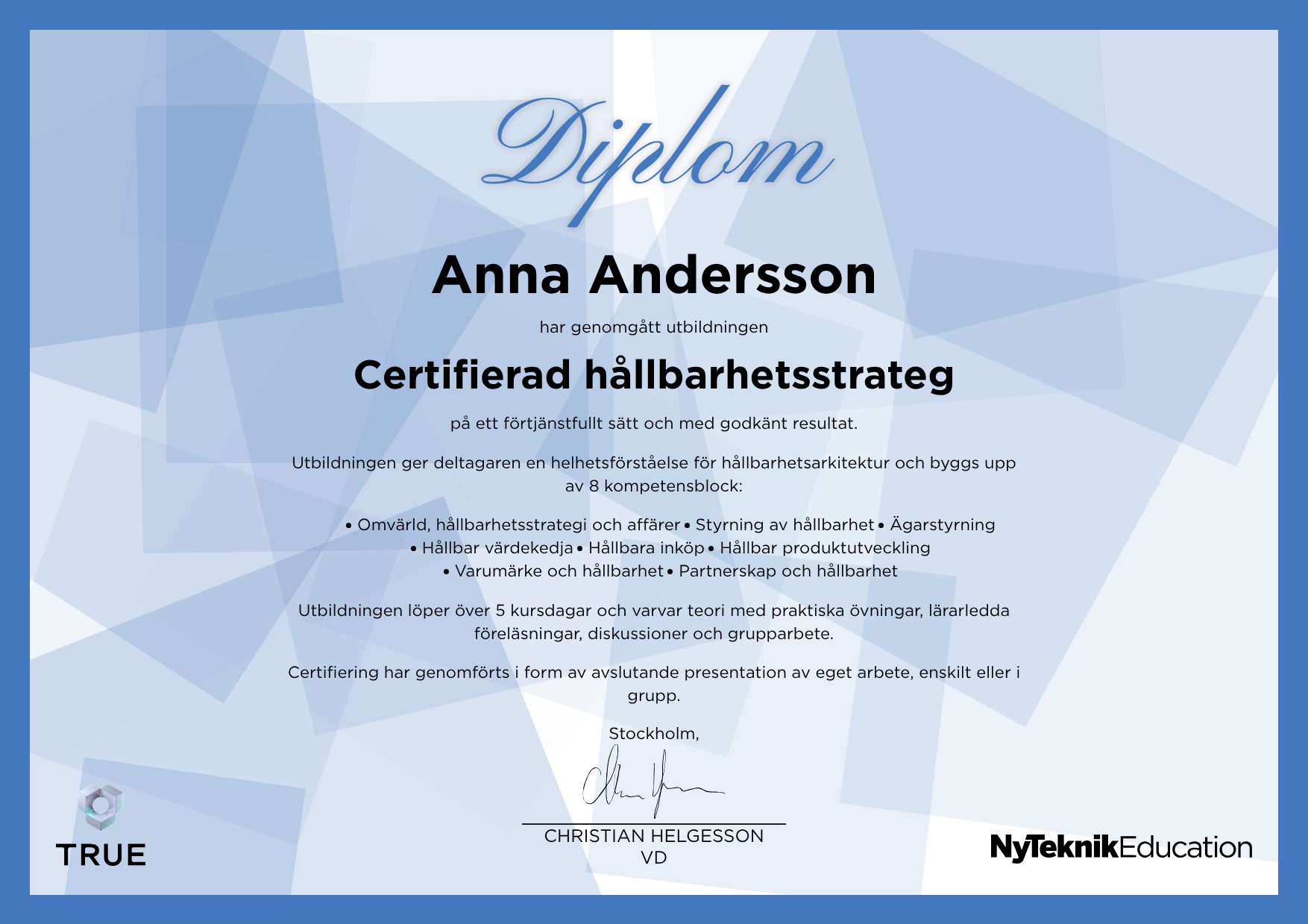 Example certificate for AI Agent from Ny Teknik Education