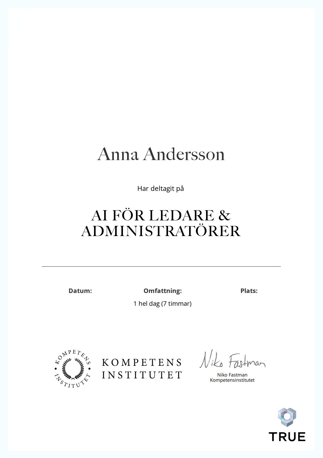 Exempel: diplom för AI FÖR LEDARE & ADMINISTRATÖRER från Kompetensinstitutet