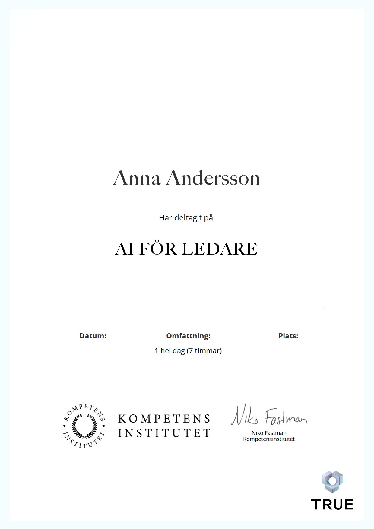 Exempel: diplom för AI FÖR LEDARE från Kompetensinstitutet