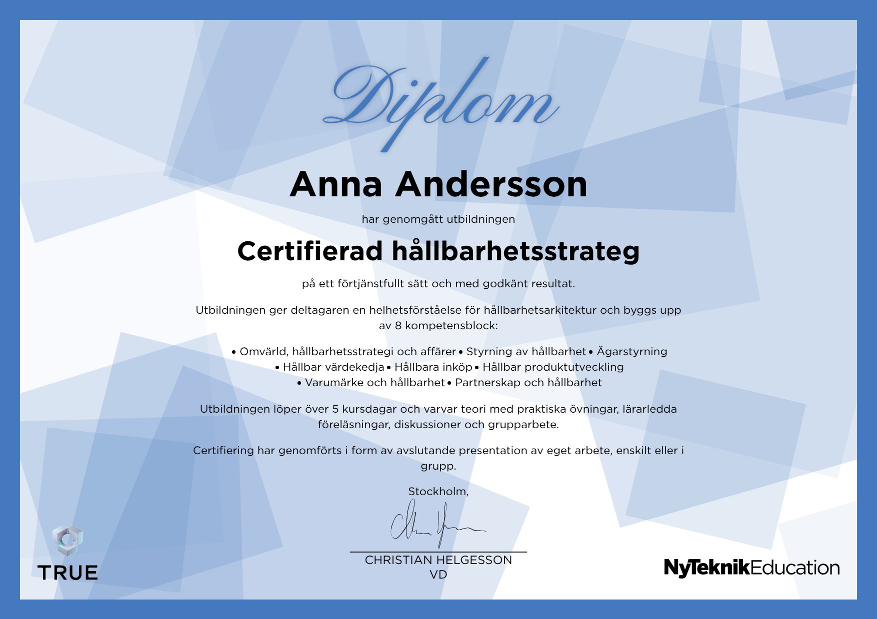 Example certificate for AI Act from Ny Teknik Education