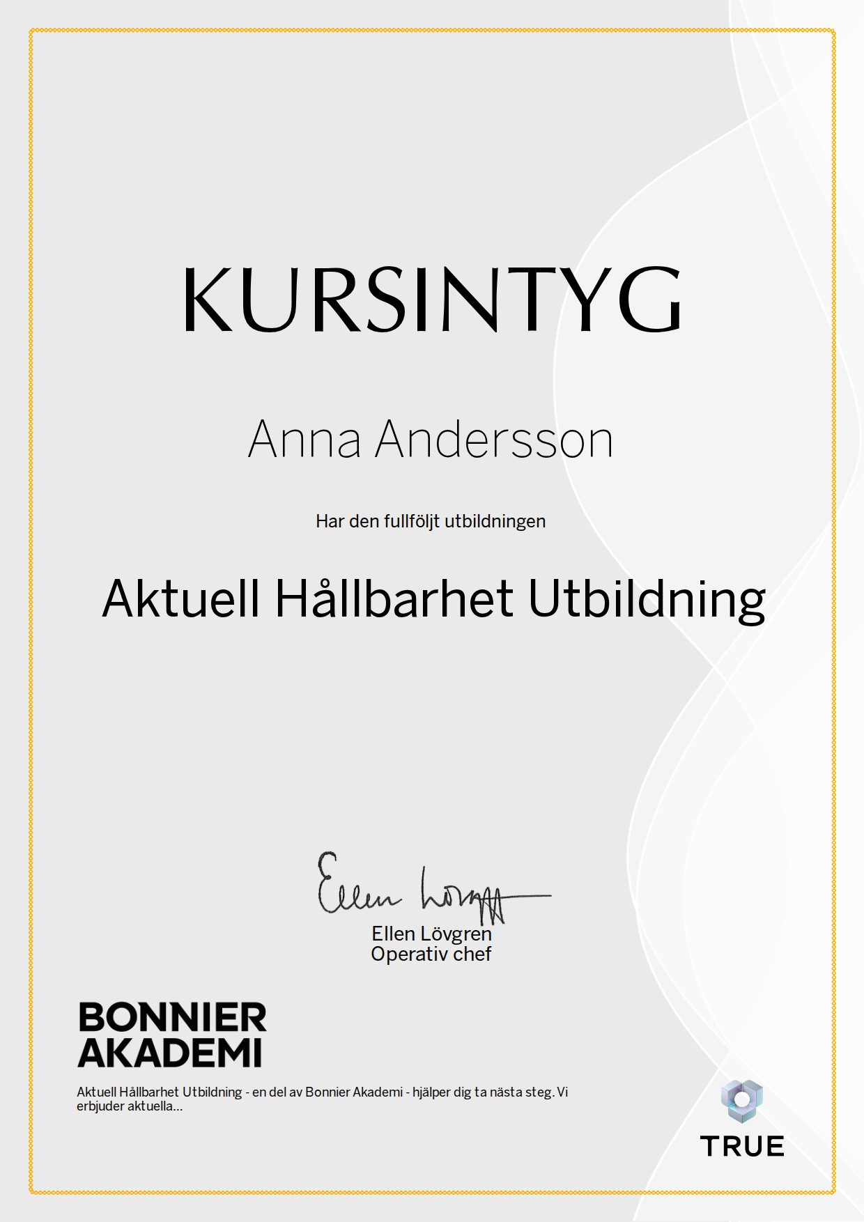 Exempel: diplom för Aktuell Hållbarhet Utbildning från Bonnier Akademi