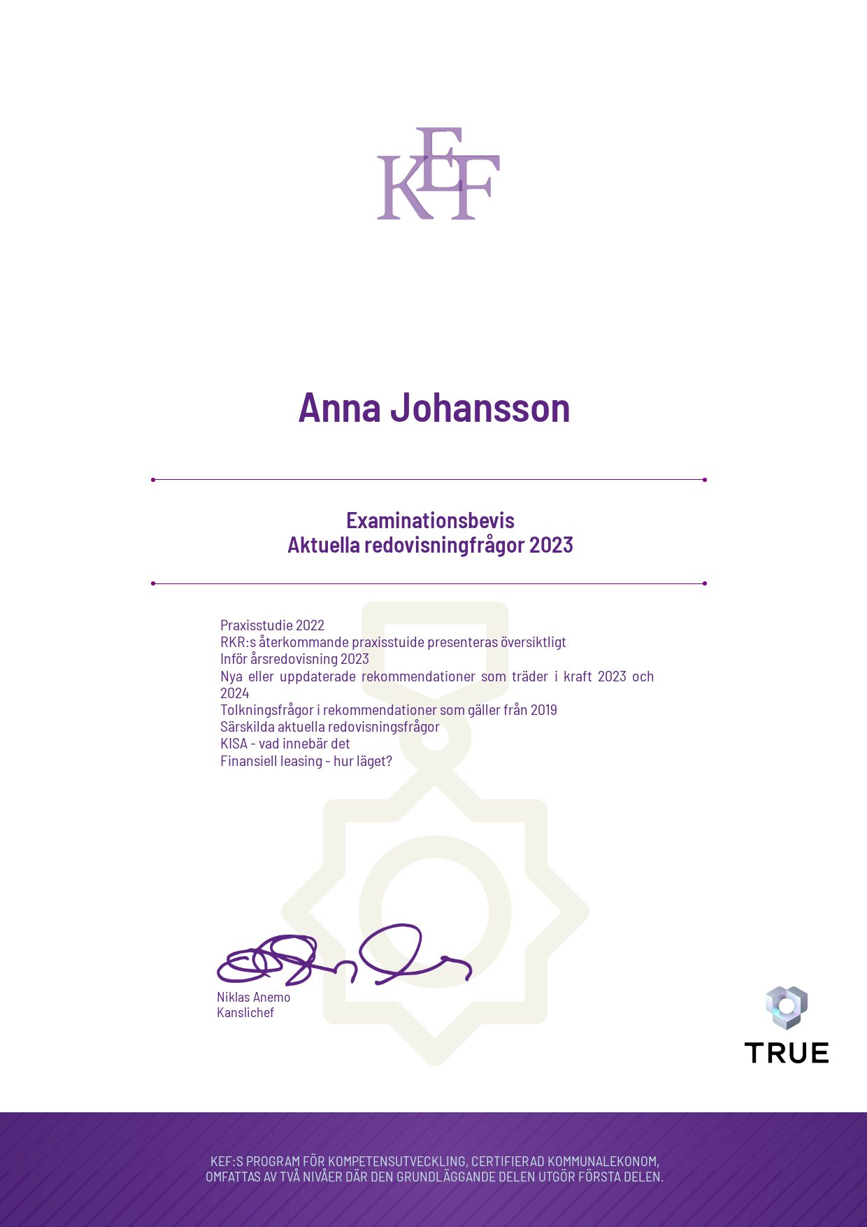 Exempel: diplom för Aktuella redovisningfrågor 2023 från KEF - Kommualekonomernas förening