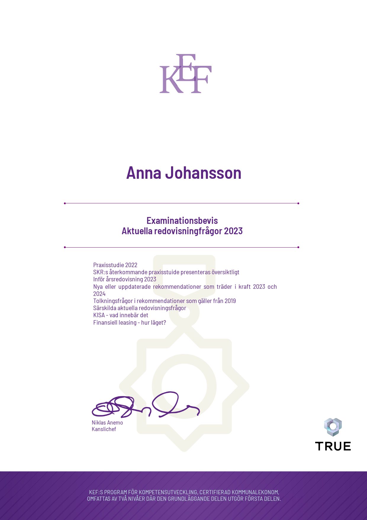 Example certificate for Aktuella redovisningfrågor 2023 from KEF - Kommualekonomernas förening