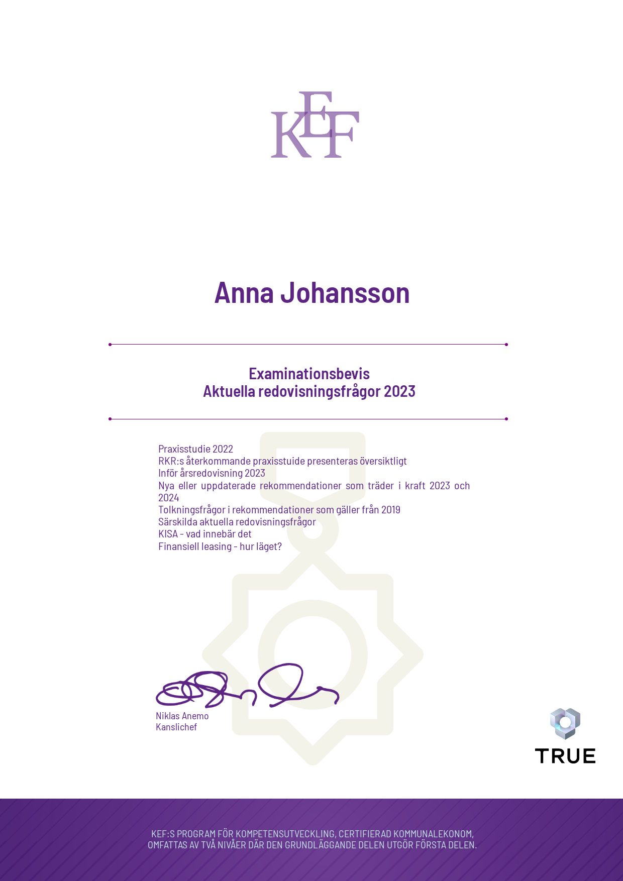 Exempel: diplom för Aktuella redovisningsfrågor 2023 från KEF - Kommualekonomernas förening