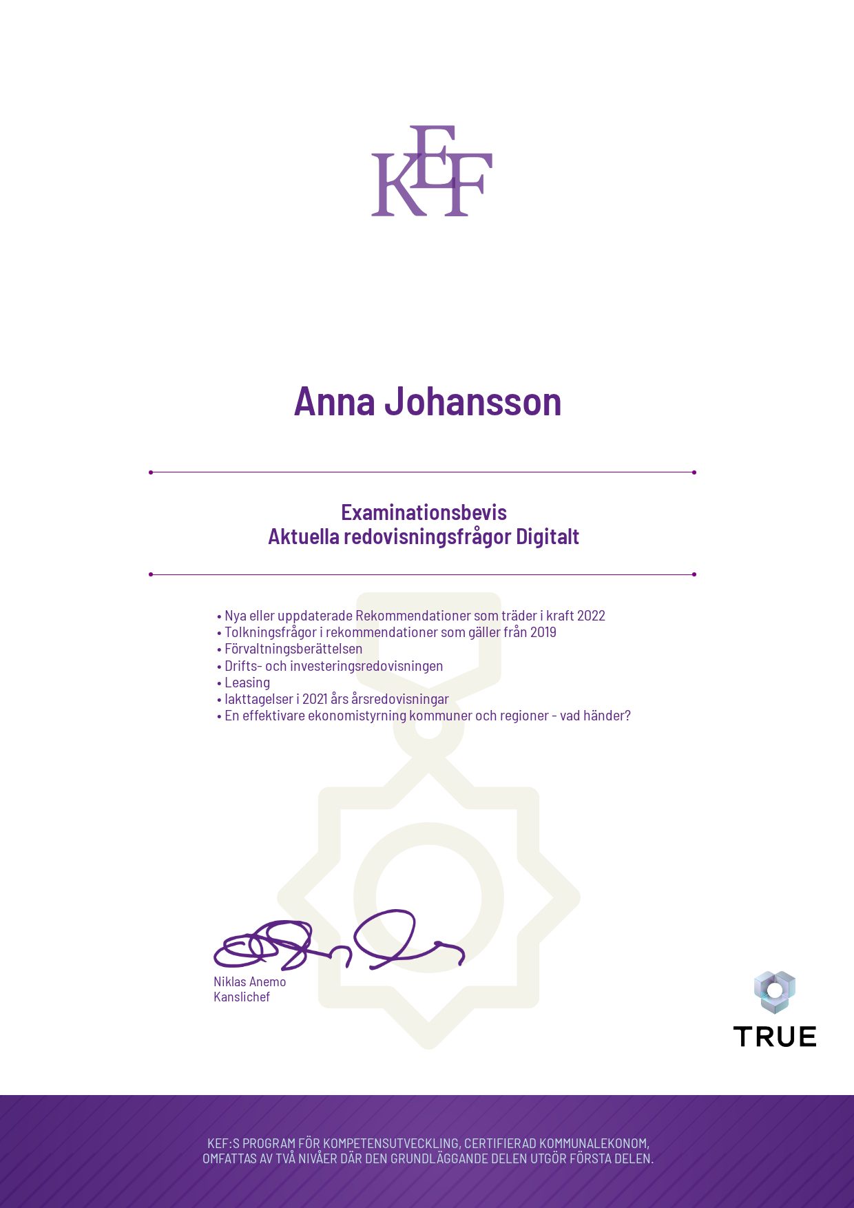 Exempel: diplom för Aktuella redovisningsfrågor Digitalt från KEF - Kommualekonomernas förening