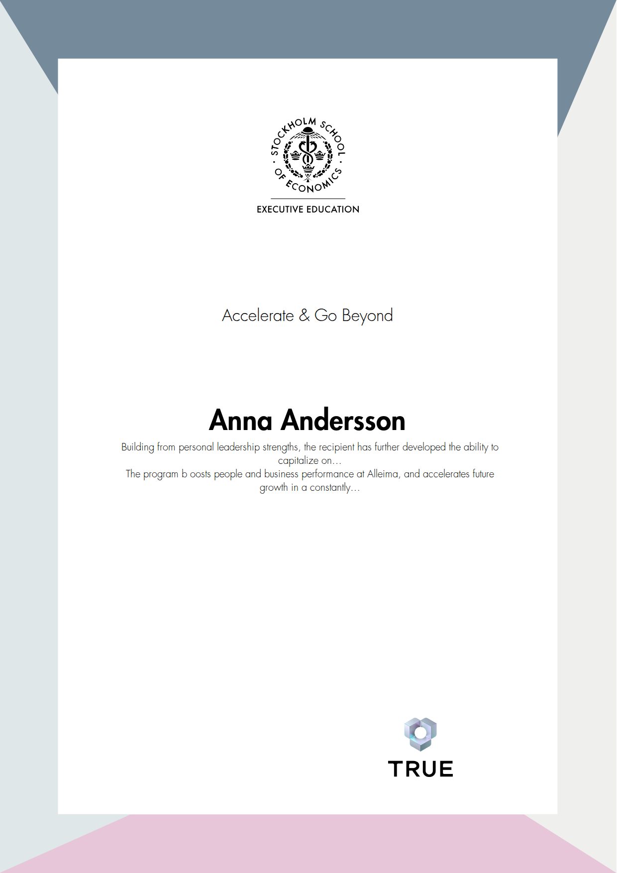 Example certificate for Accelerate & Go Beyond from SSE - Handelshögskolan Executive Education