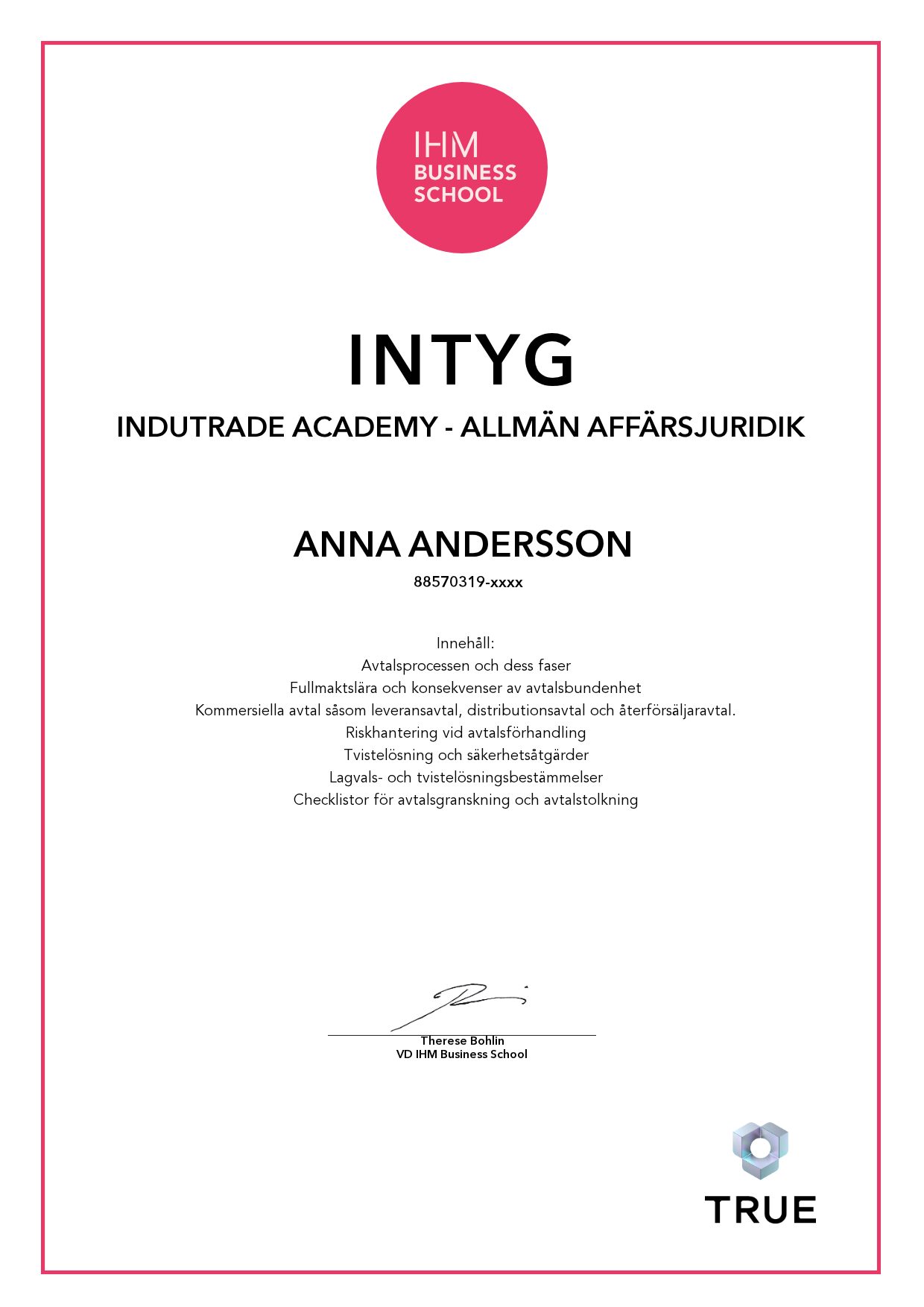 Example certificate for Indutrade Academy - Allmän Affärsjuridik from IHM Business School