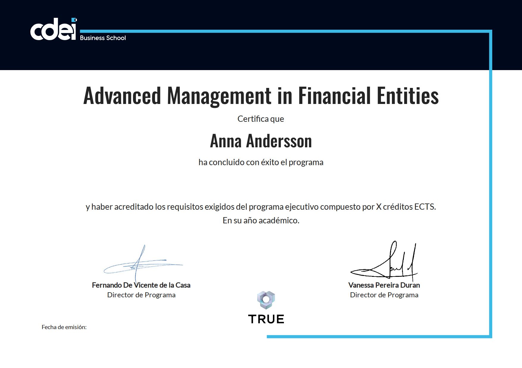 Exempel: diplom för Advanced Management in Financial Entities från CDEI Business School