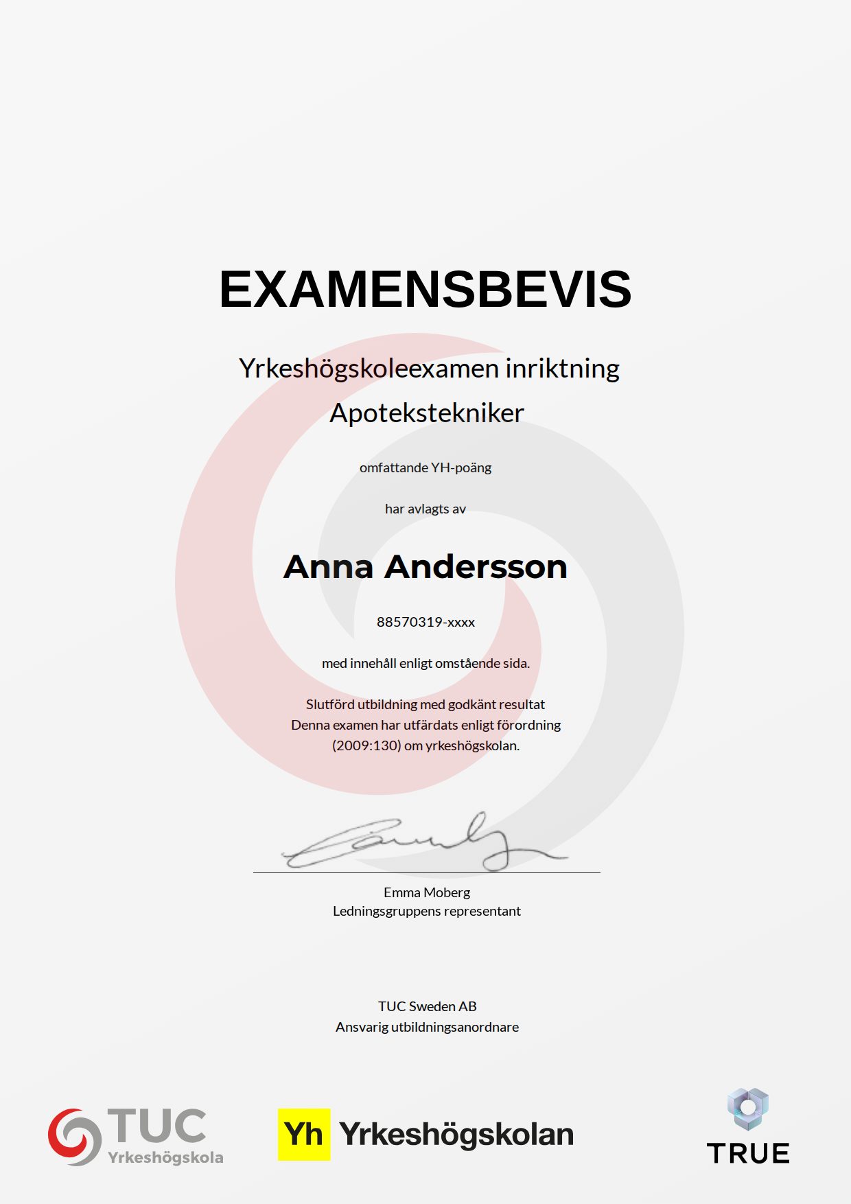 Example certificate for Apotekstekniker from TUC Yrkeshögskola
