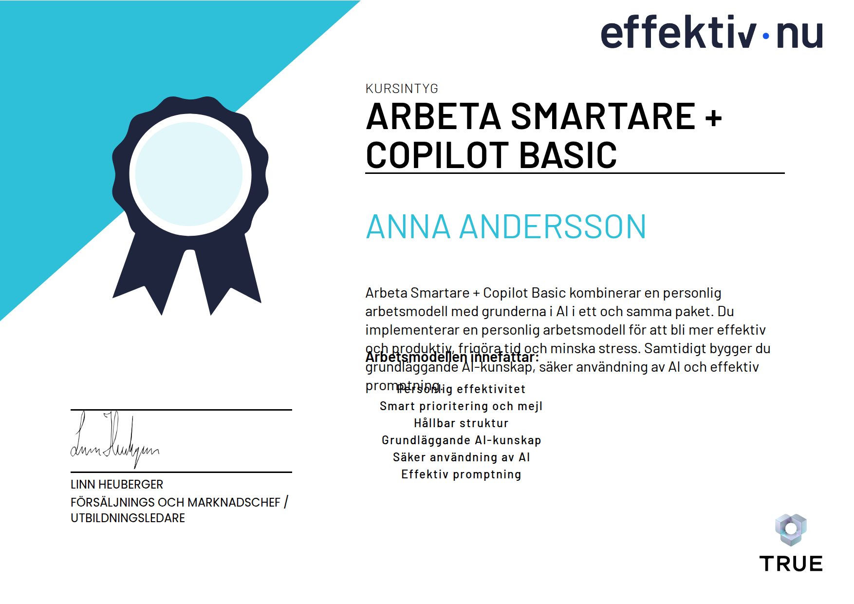 Exempel: diplom för Arbeta Smartare + Copilot Basic från Effektiv nu