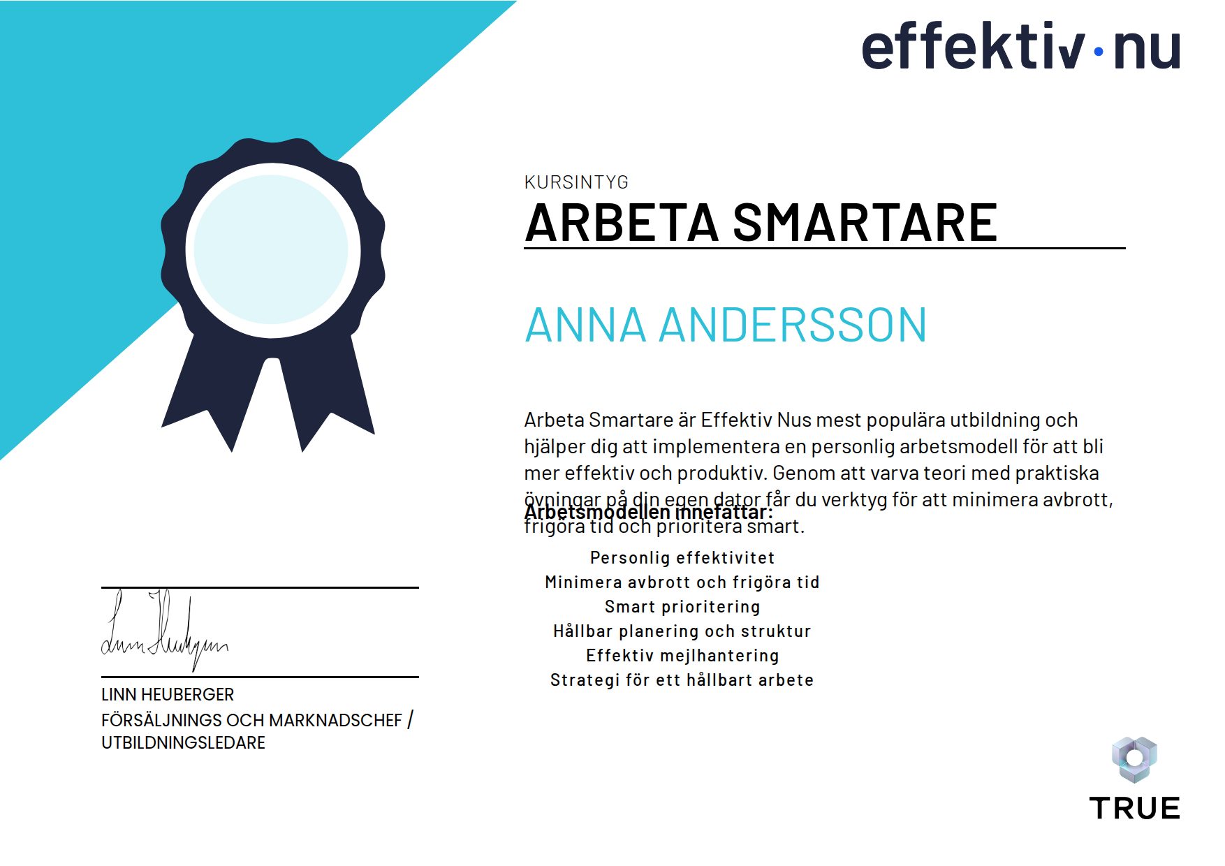 Example certificate for Arbeta Smartare from Effektiv nu