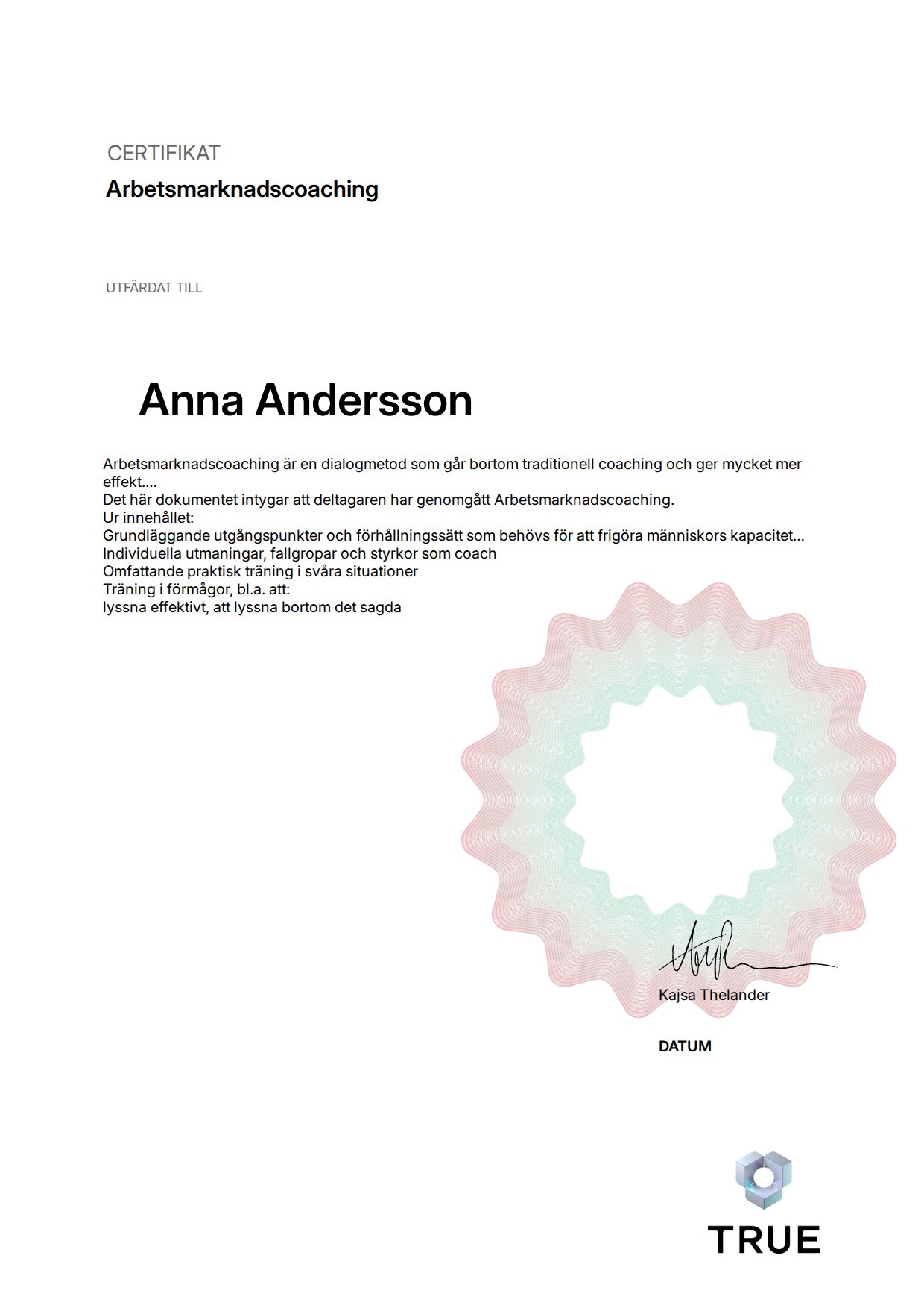 Exempel: diplom för Arbetsmarknadscoaching från Tuff ledarskapsträning