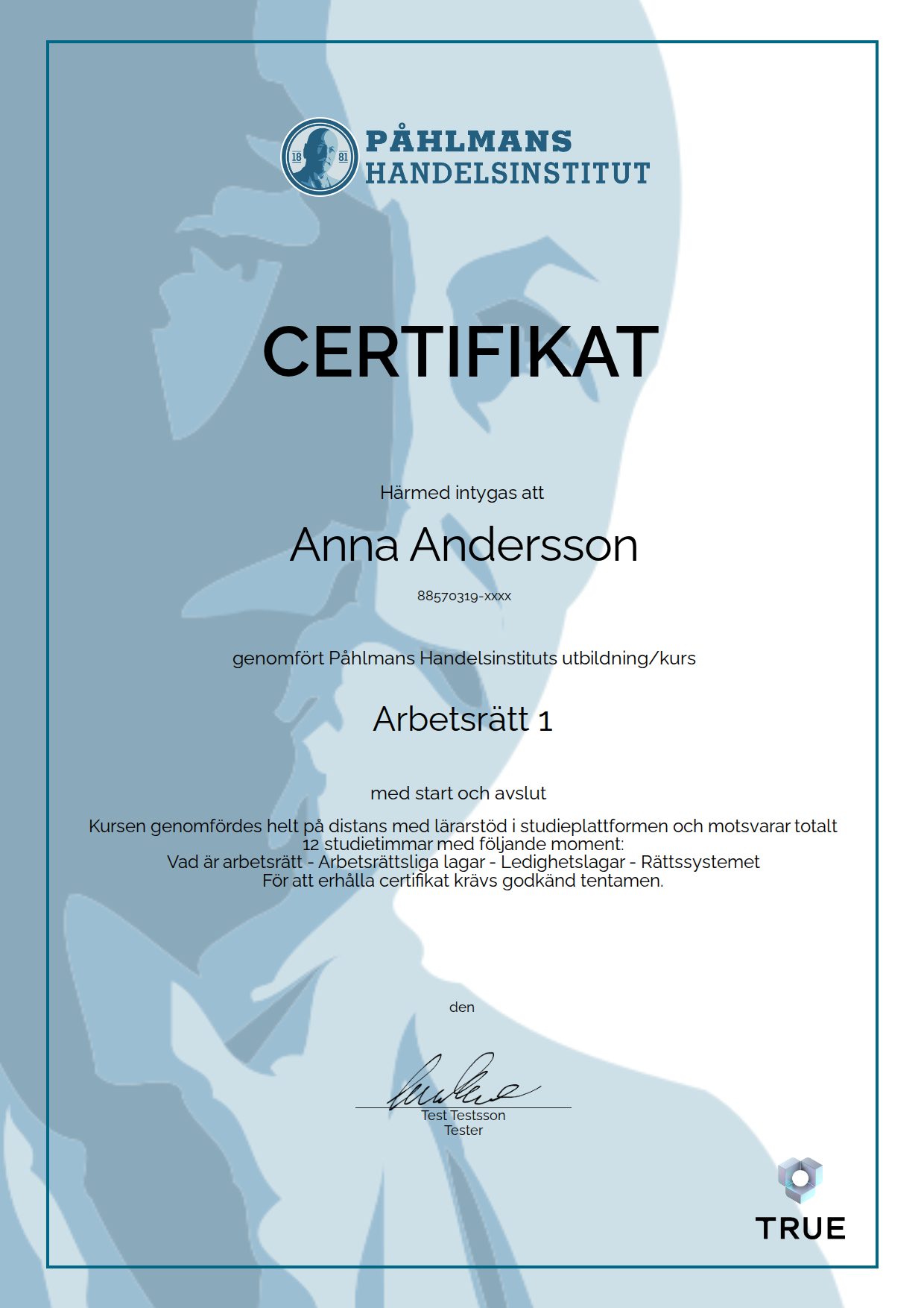 Exempel: diplom för Arbetsrätt 1 från Medborgarskolan- Påhlmans