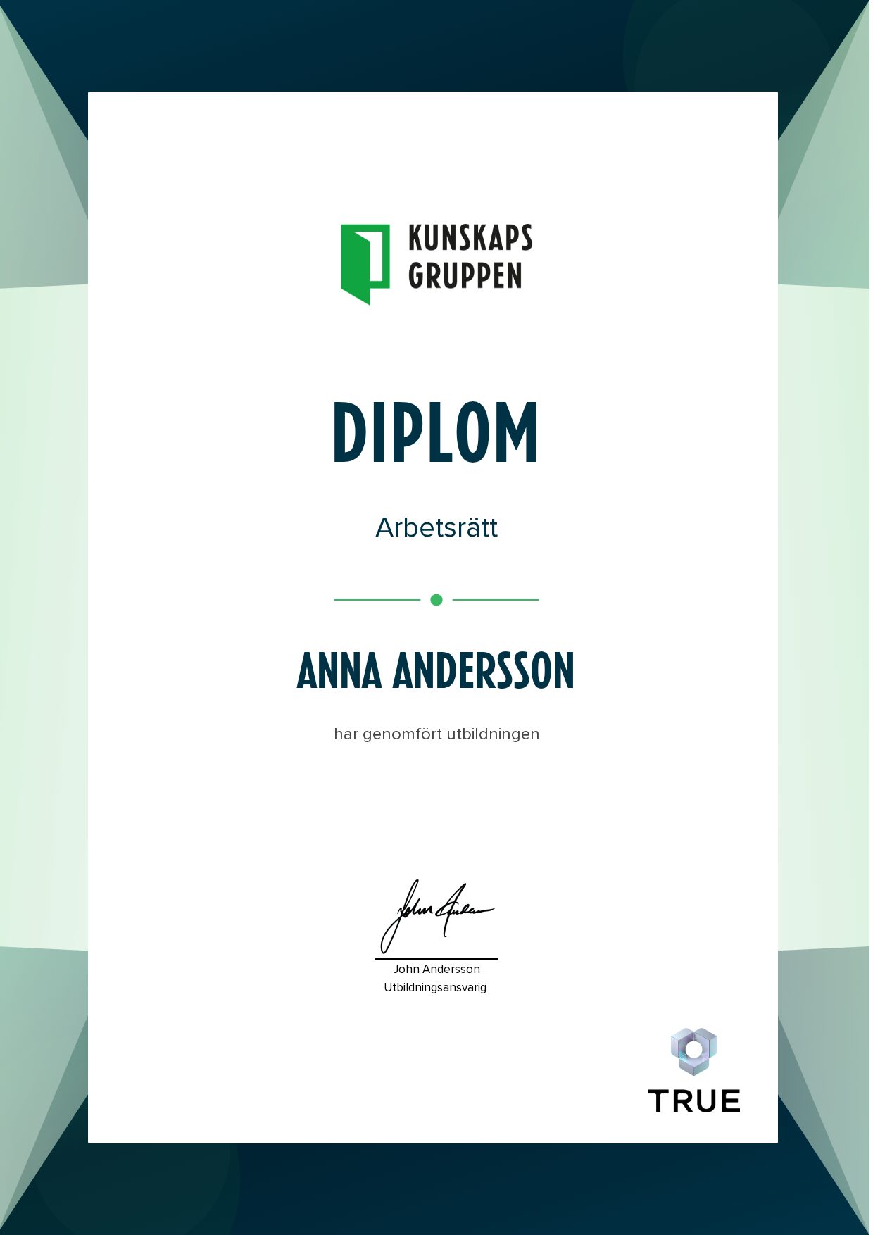 Exempel: diplom för Arbetsrätt från Kunskapsgruppen