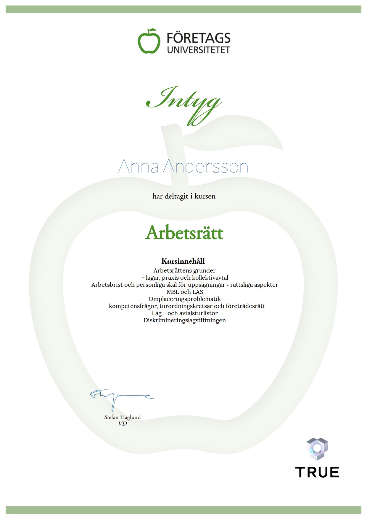 Example certificate for Arbetsrätt from Företagsuniversitetet