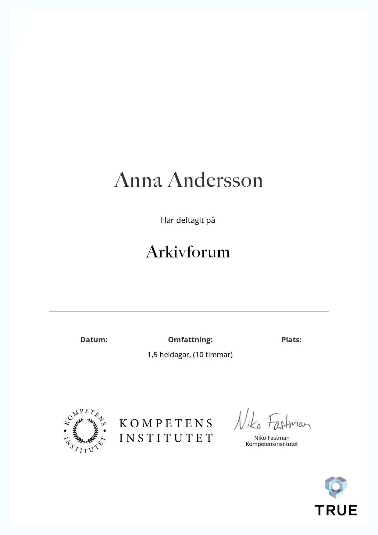 Example certificate for Arkivforum from Kompetensinstitutet
