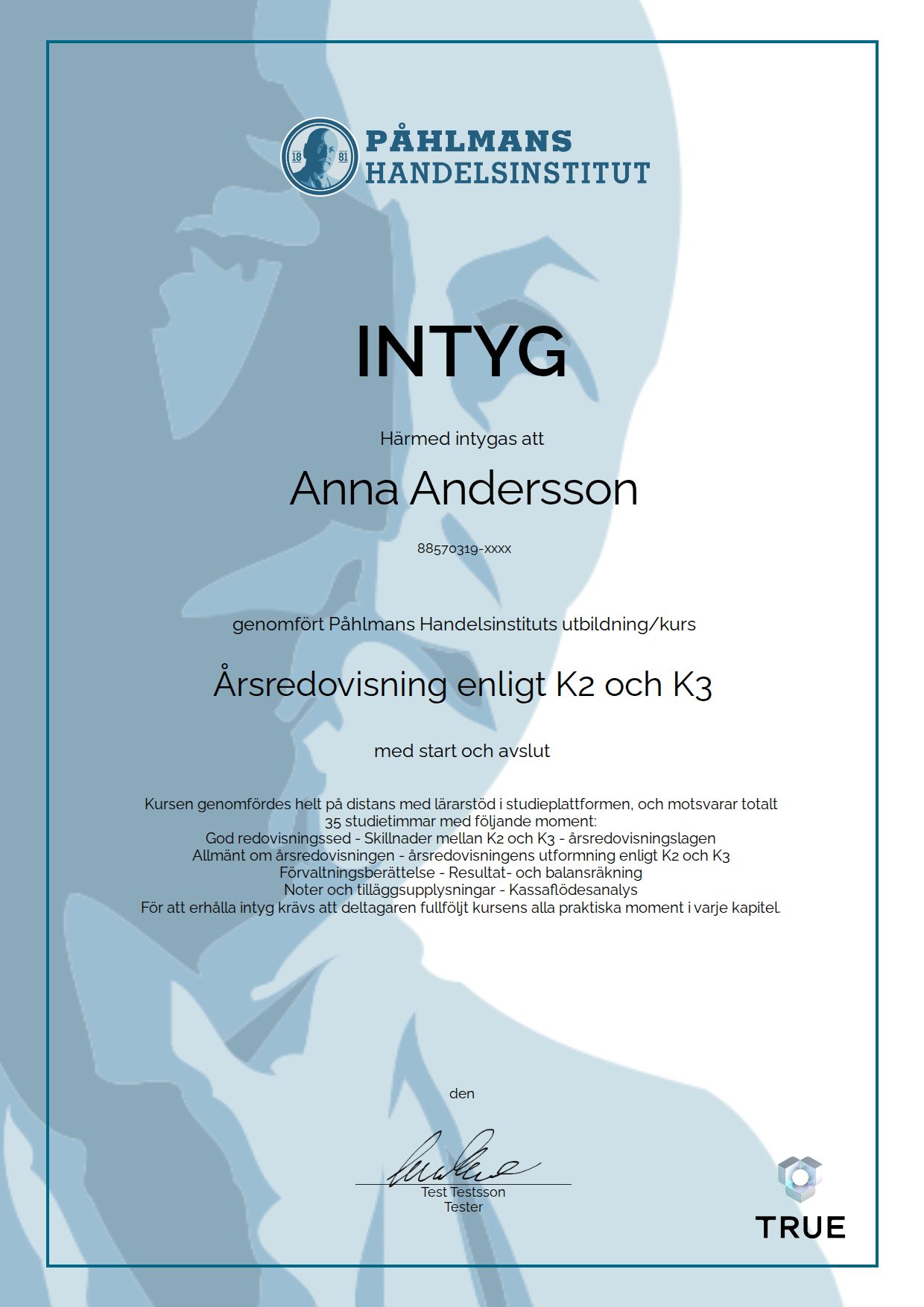 Exempel: diplom för Årsredovisning enligt K2 och K3 från Medborgarskolan- Påhlmans
