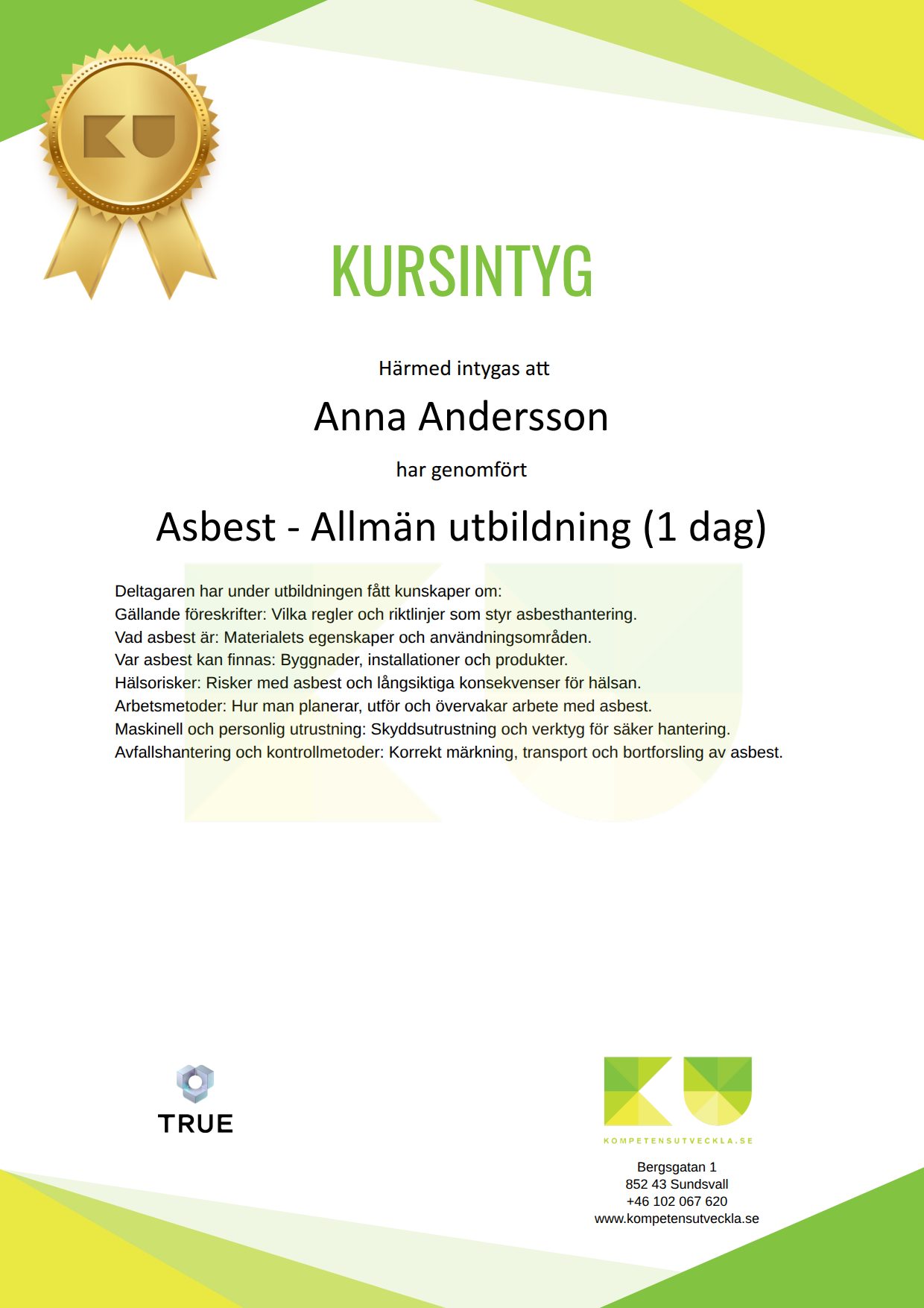 Example certificate for Asbest - Allmän utbildning (1 dag) from Kompetensutveckla