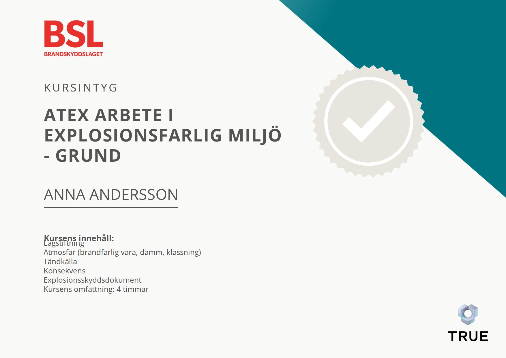 Exempel: diplom för ATEX arbete i explosionsfarlig miljö - grund från Brandskyddslaget AB