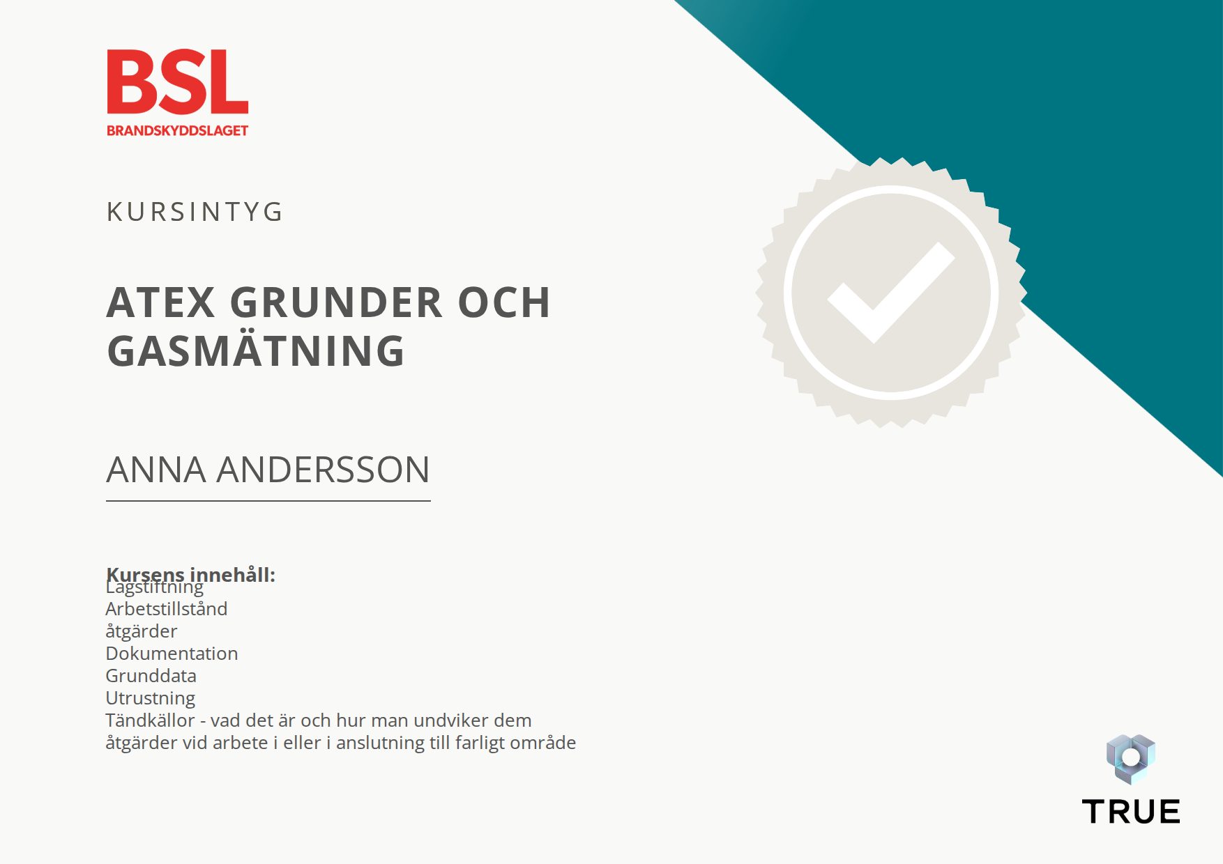 Exempel: diplom för ATEX grunder och Gasmätning från Brandskyddslaget AB
