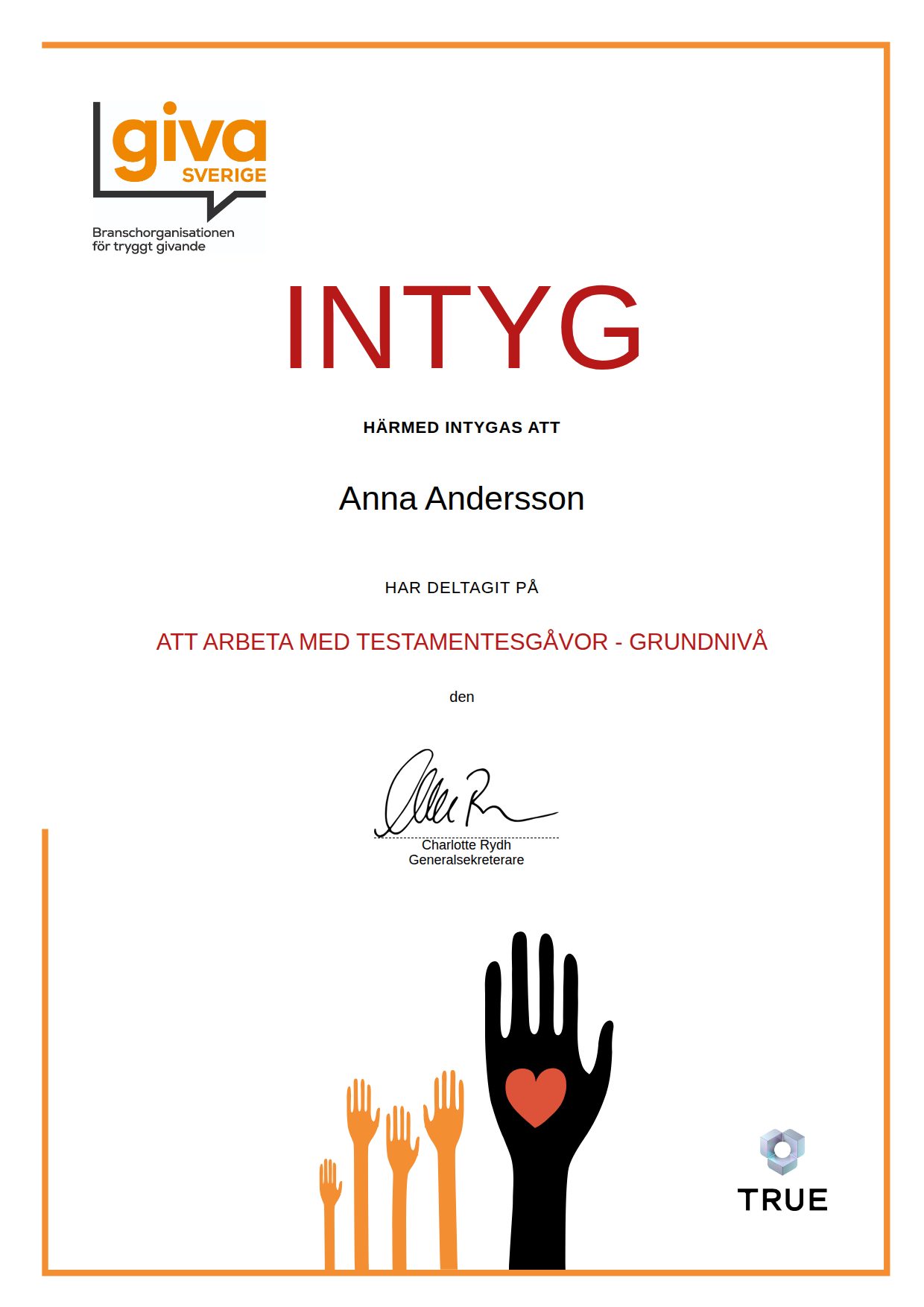 Exempel: diplom för Att arbeta med testamentesgåvor - grundnivå från Giva Sverige