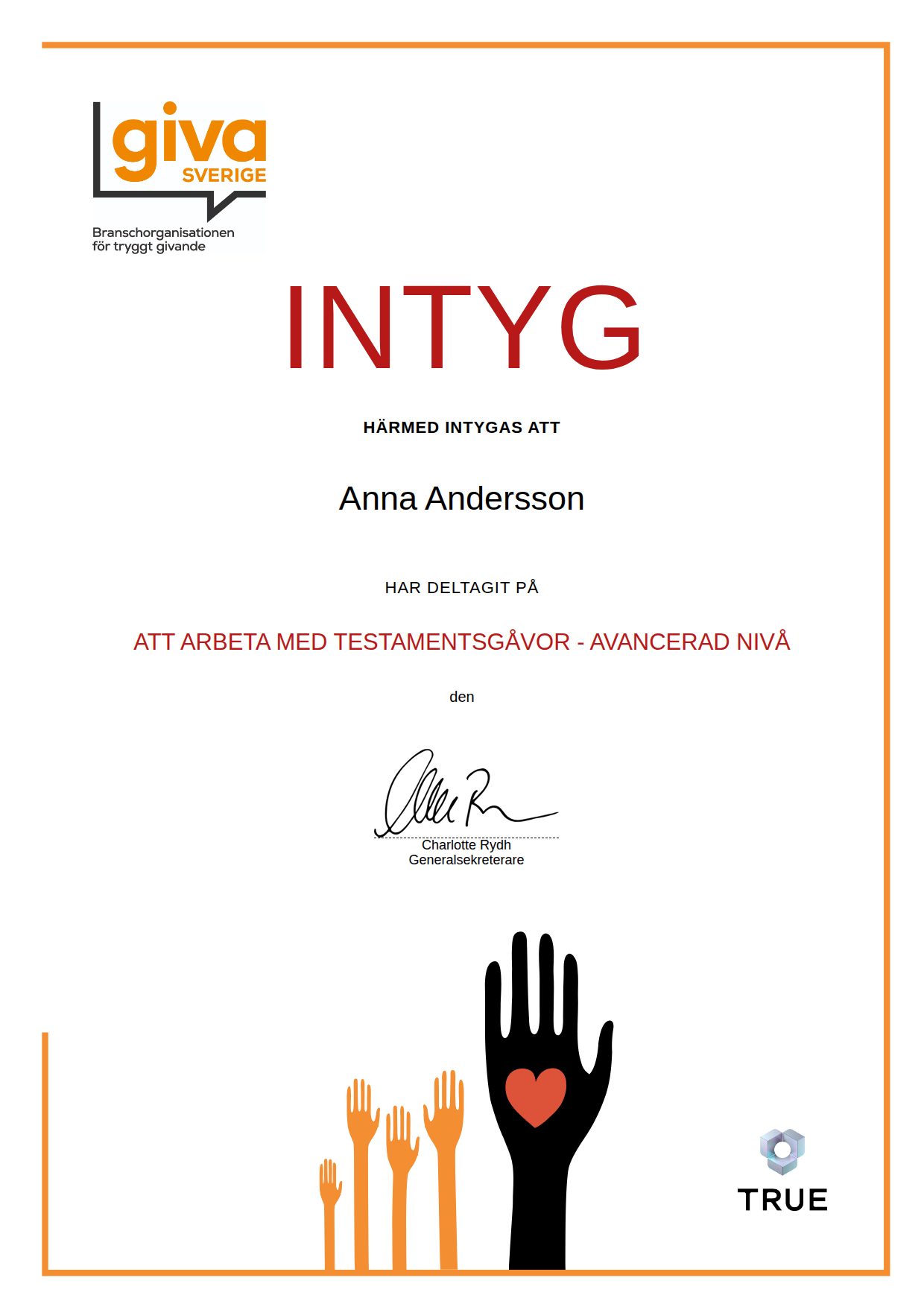 Exempel: diplom för Att arbeta med testamentsgåvor - avancerad nivå från Giva Sverige